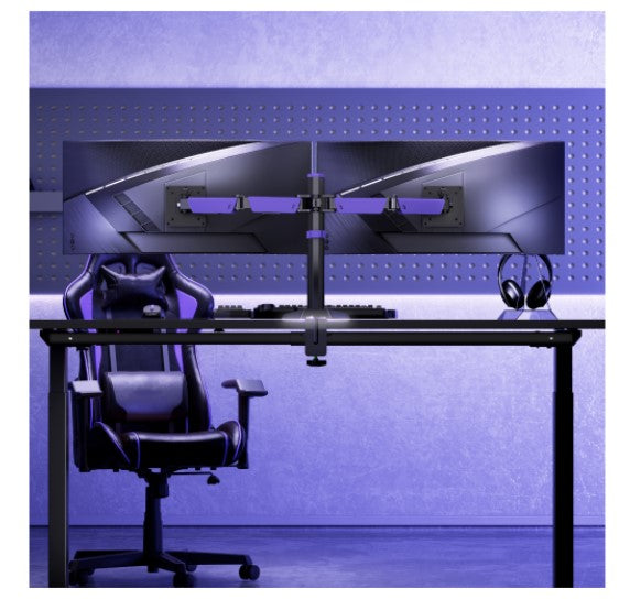 Brateck LDT89-C024L Matte Black Amethyst Articulating RGB Lighting Gaming Dual Monitor Arm, Fit Screen Size: 17"-32" (LS) - Image 2