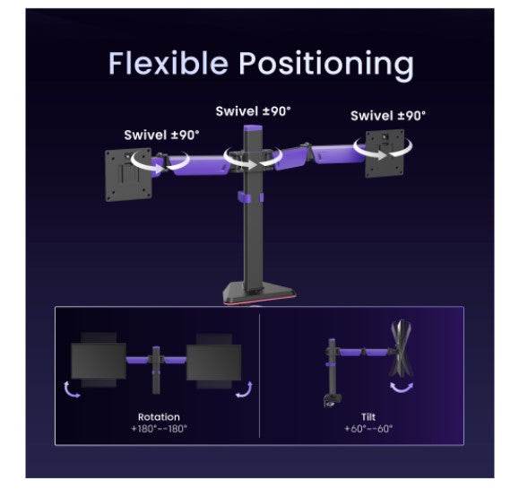 Brateck LDT89-C024 Matte Black Amethyst Articulating Gaming Dual Monitor Arm,  Fit Screen Size: 17"-32", Screen Quantity: 2 (LS) - Image 2