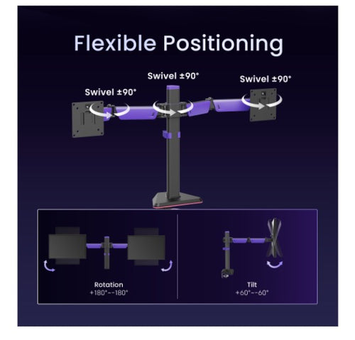 Brateck LDT89-C024 Matte Black Amethyst Articulating Gaming Dual Monitor Arm,  Fit Screen Size: 17"-32", Screen Quantity: 2 (LS) - Image 2