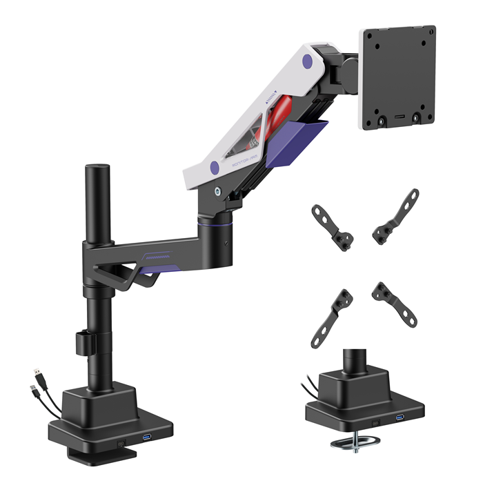 Brateck LDT95-C012UCP Atlas Neo Gaming Pole-Mounted Monitor Arm with USB-A & USB-C Ports For most 24"~57" Monitors, Matte Black & White - Image 2