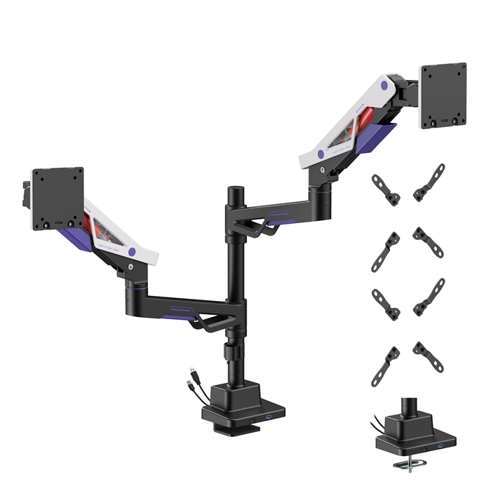 Brateck LDT95-C024UCP Atlas Neo Gaming Pole-Mounted Dual Monitor Arm with USB-A & USB-C Ports For most 24"~57" Monitors, Matte Black & White (New) - Image 2