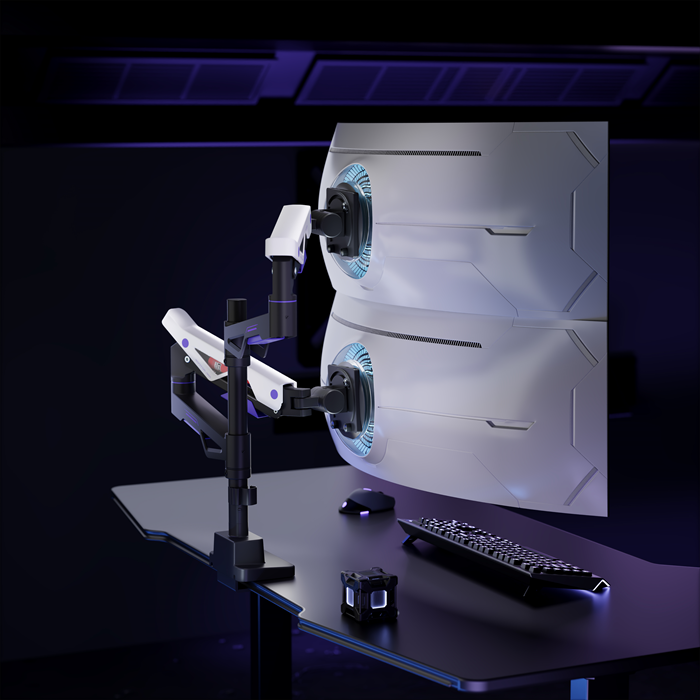 Brateck LDT95-C024UCP Atlas Neo Gaming Pole-Mounted Dual Monitor Arm with USB-A & USB-C Ports For most 24"~57" Monitors, Matte Black & White (New) - Image 4