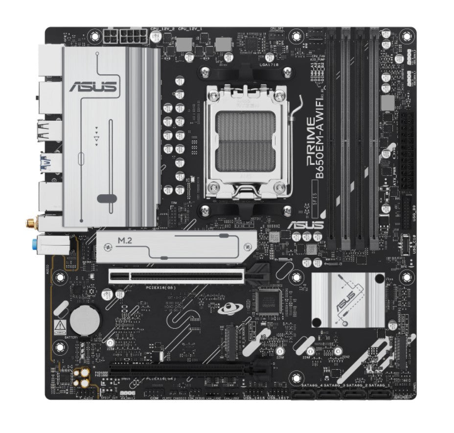 ASUS AMD B650EM PRIME B650EM-A WIFI (AM5) Micro-ATX Motherboard, DDR5, PCIe 5.0 Ready, 3x M.2, Wi-Fi 6, 2.5Gb Ethernet, 2x DP, HDMI, Front USB-C, Aura - Image 1