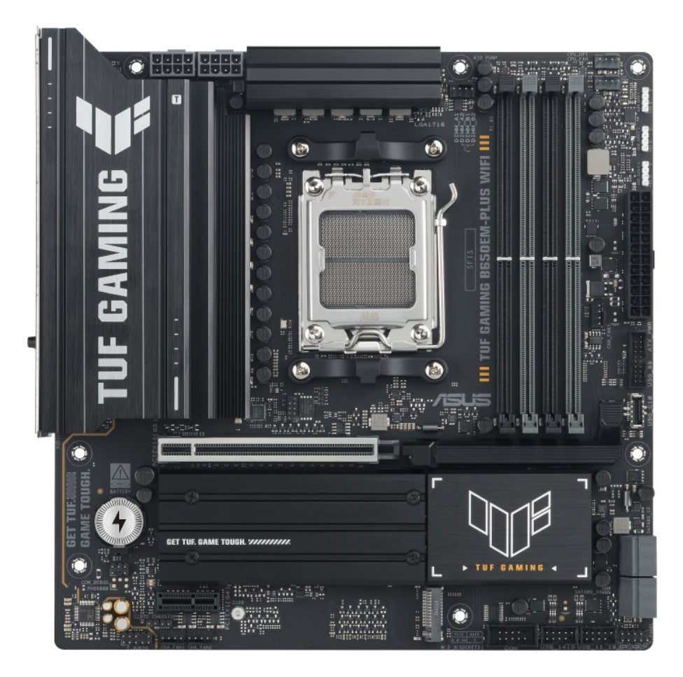 ASUS AMD TUF GAMING B650EM-PLUS WIFI (AM5) Micro-ATX Motherboard, DDR5(4x), 12+2+1 Power Stages, PCIe 5.0, 3x M.2, Front USB-C, 2.5Gb LAN, Wi-Fi 6E - Image 1