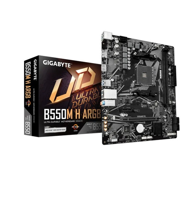 Gigabyte B550M H ARGB Micro-ATX AMD B550 motherboard with AM4 support, PCIe 4.0, DDR4 up to 5100MHz OC, HDMI 2.1, DP 1.4, M.2, and Gigabit LAN - Image 1