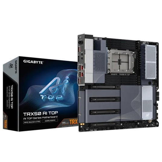 Gigabyte TTRX50 AI TOP AMD Ryzen Motherboard, sTR5 Threadripper, DDR5 ECC RDIMM up to 2TB, PCIe 5.0, USB4, Wi-Fi 7, Dual 10GbE, E-ATX - Image 1