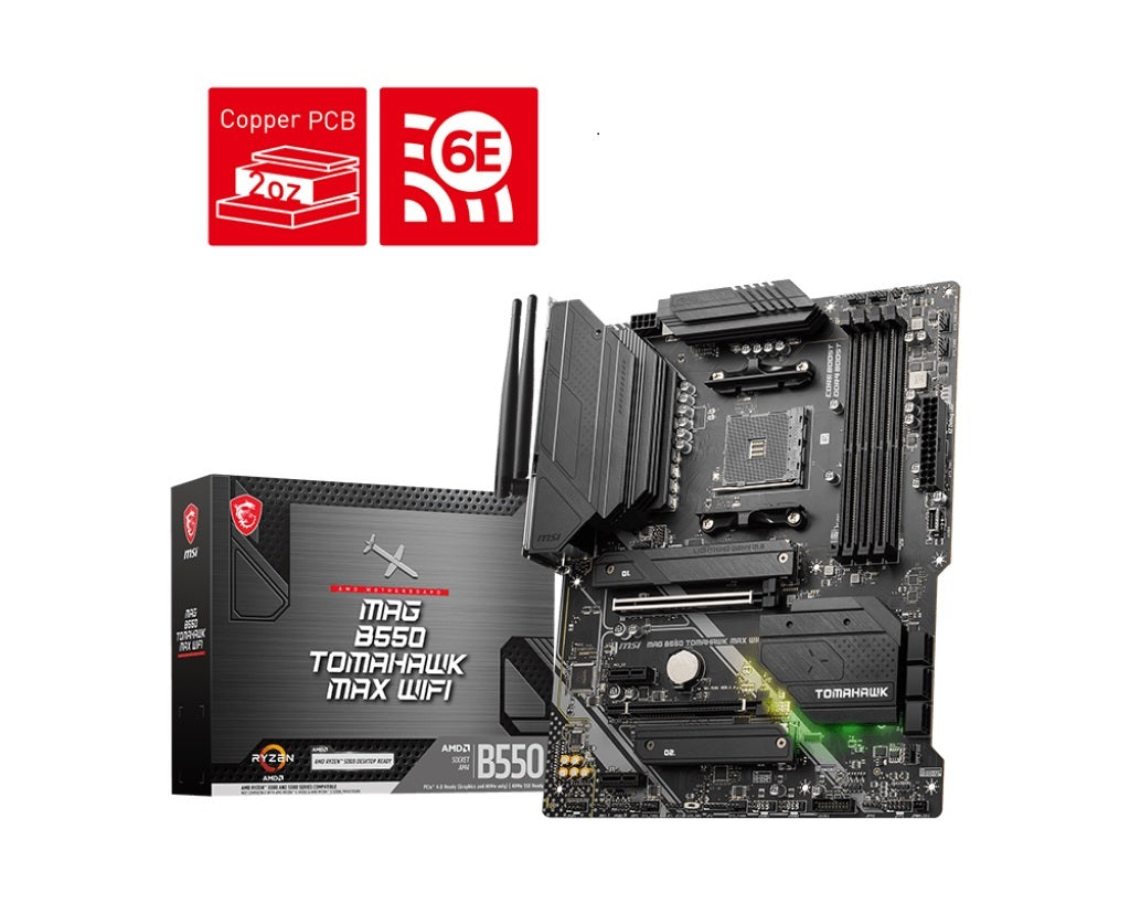 MSI MAG B550 TOMAHAWK MAX WIFI Motherboard, AMD Ryzen AM4, 4xDDR4-128GB, 1xPCIe4.0 x16slots, 2xPCIe3.0 x16slots, 6xSATA 6Gb,  2.5G LANPort, HDMI 2.1 - Image 1