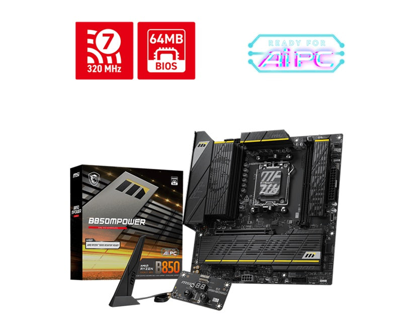 MSI B850M POWER AM5 motherboard, AMD B850 chipset, Ryzen 9000/8000/7000 support, DDR5 8400+ OC, PCIe 5.0 x16, M.2 Gen5, Wi-Fi 7, 5Gb LAN - Image 1