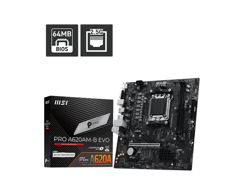 MSI PRO A620AM-B EVO ATX Motherboard, AM5, AMD A620A, 2xDDR5 128GB, PCIe4.0 x16, 1xM.2, 2xSATA, HDMI/VGA, 2.5G LAN, ATX - Image 1