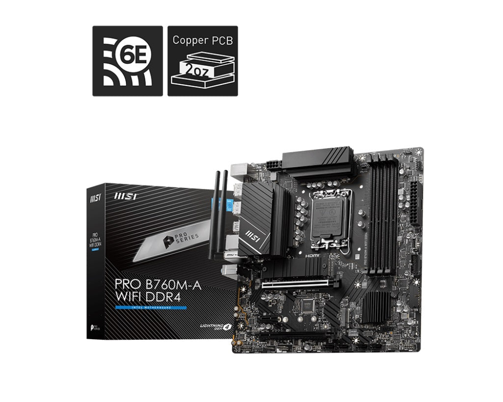 MSI PRO B760M-A WIFI DDR4 mATX Motherboard, 4x DDR4~128GB, 2x PCI-E x 16, 1x PCI-E x 1, 2x M.2, 4x SATA, 4x USB 3.2 , 2x USB 2.0 - Image 1