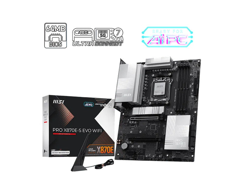 MSI PRO X870E-S EVO WIFI, AMD X870E, AM5, DDR5 256GB, PCIe 5.0, 3x M.2, Wi-Fi 7, 5G LAN, USB 40Gbps - Image 1