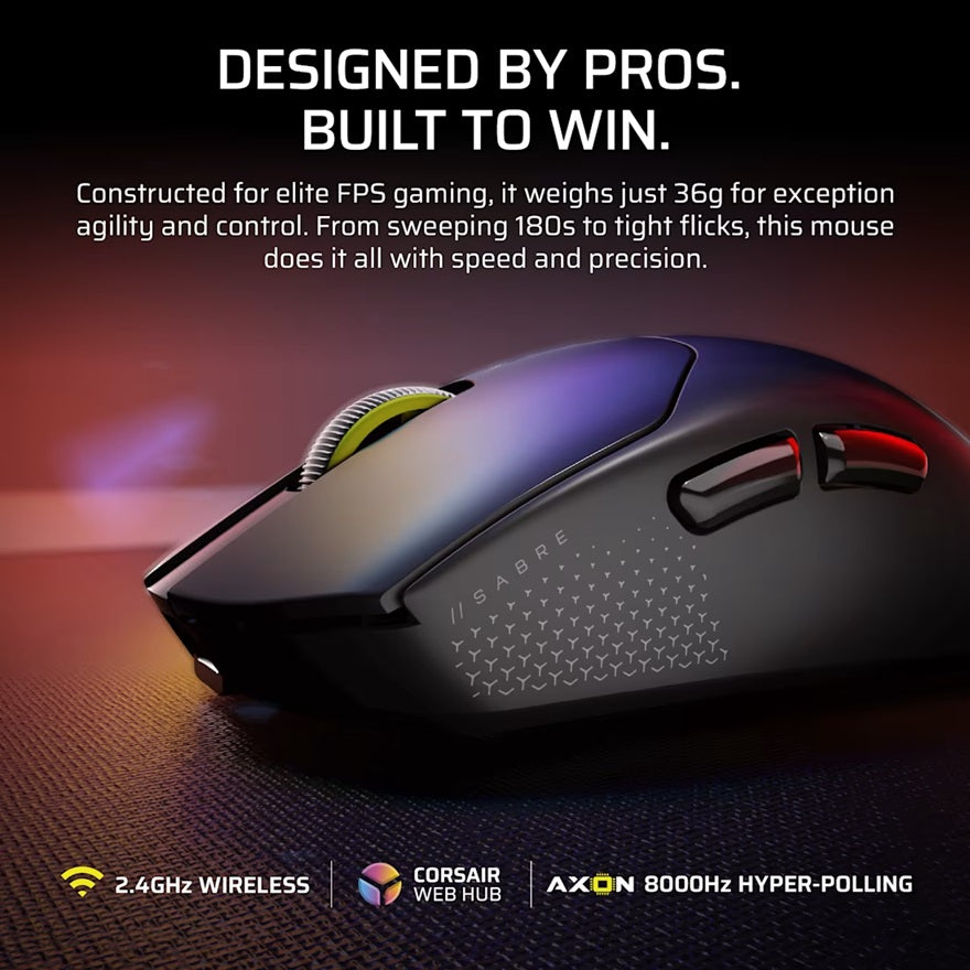 Corsair SABRE v2 PRO ULTRALIGHT WIRELESS Gaming Mouse- Black, 36g, wireless, optical sensor, any grip, PC Win10/11 - Image 3
