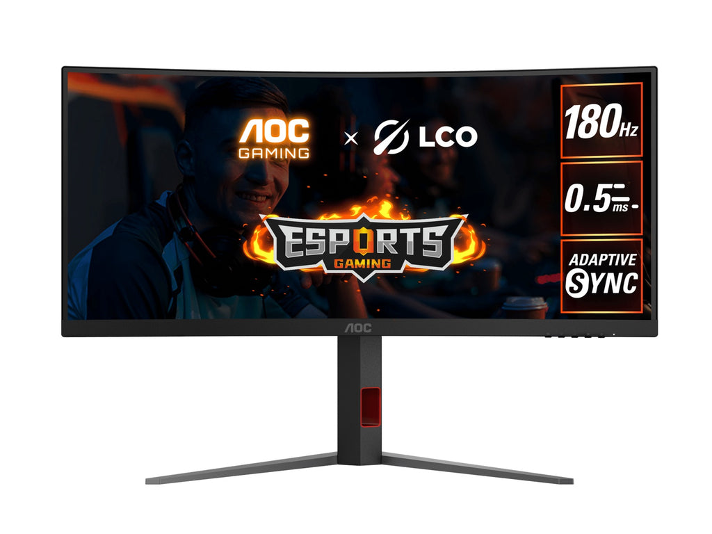 AOC 34" WQHD Curved Monitor – 3440×1440@180Hz, 0.5ms MPRT, 1500R VA, 120% sRGB, DP 1.4, HDMI 2.0, Delta E<2, tilt/swivel/height adjustable - Image 1
