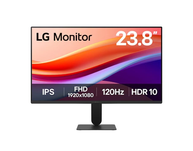 LG 23.8" IPS Full HD Monitor, 1920x1080, 120Hz refresh rate, 5ms response, sRGB 99%, HDR10, and 178° wide viewing angles for smooth, vibrant visuals