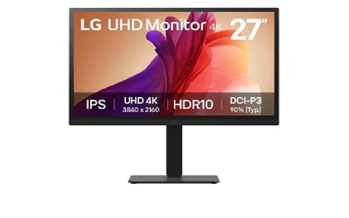 LG 27" IPS UHD 4K Monitor with 90% DCI-P3 and HDR10 support, 3840x2160, 300 nits, 5ms, Height/Pivot/Tilt/Swivel adjustable, 3-side borderless - Image 1