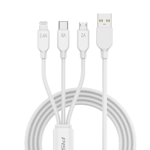 Pisen 3-in-1 USB-A to Lightning + USB-C + Micro-USB Cable (1.2M) White - 6A Superfast, Samsung Galaxy,Apple iPhone,iPad,MacBook,Google,OPPO,Nokia - Image 3