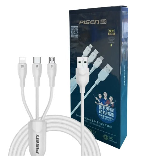 Pisen 3-in-1 USB-A to Lightning + USB-C + Micro-USB Cable (1.2M) White - 6A Superfast, Samsung Galaxy,Apple iPhone,iPad,MacBook,Google,OPPO,Nokia - Image 4