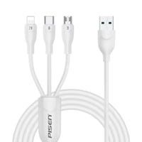 Pisen 3-in-1 USB-A to Lightning + USB-C + Micro-USB Cable (1.2M) White - 6A Superfast, Samsung Galaxy,Apple iPhone,iPad,MacBook,Google,OPPO,Nokia - Image 1