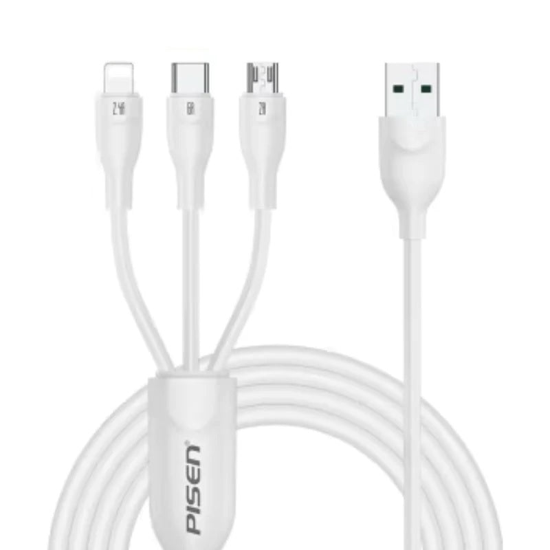 Pisen 3-in-1 USB-A to Lightning + USB-C + Micro-USB Cable (1.2M) White - 6A Superfast, Samsung Galaxy,Apple iPhone,iPad,MacBook,Google,OPPO,Nokia - Image 1
