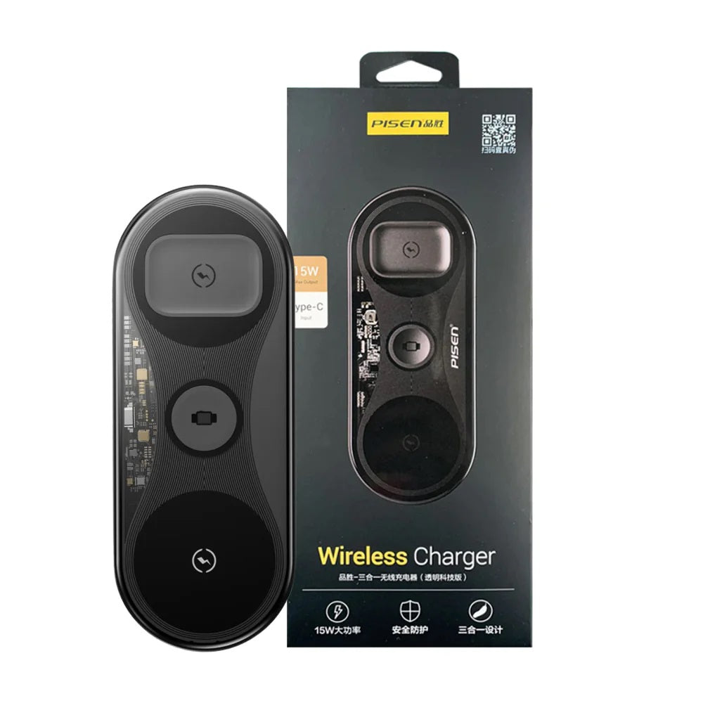 Pisen 3-in-1 Wireless Charging Station - Black, Supports Qi-2 Outputs (15W) , Supports Universal Type-C, Multi-Protection System, 2 Years Warranty - Image 5