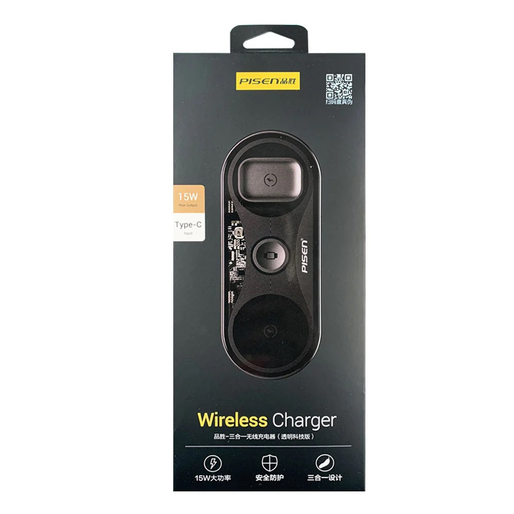 Pisen 3-in-1 Wireless Charging Station - Black, Supports Qi-2 Outputs (15W) , Supports Universal Type-C, Multi-Protection System, 2 Years Warranty - Image 3