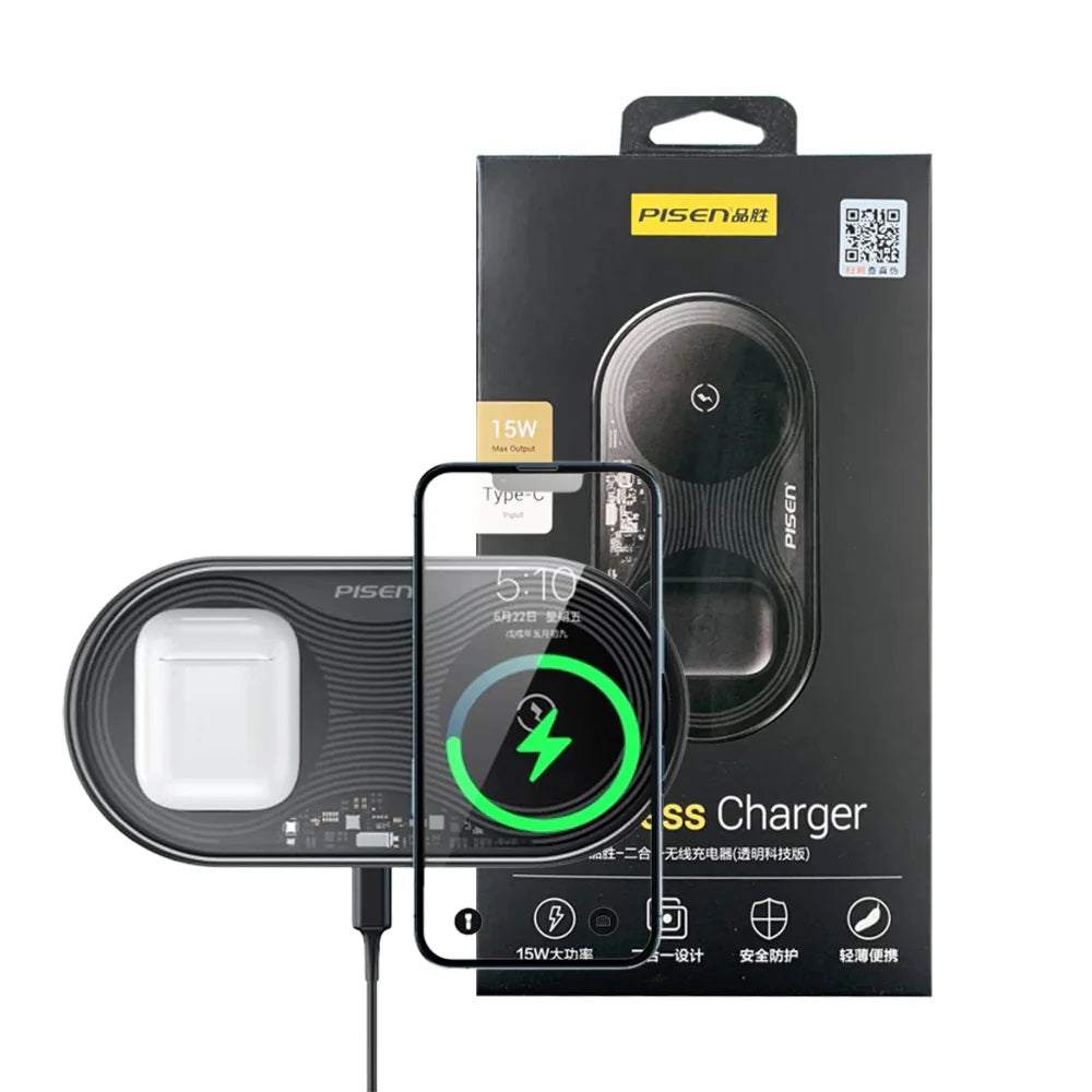 Pisen 2-in-1 Wireless Charging Station- XY-C18/Black,Supports Qi-2 Outputs (15W) ,Supports Universal Type-C,Multi-Protection System, 2 Years Warranty - Image 1