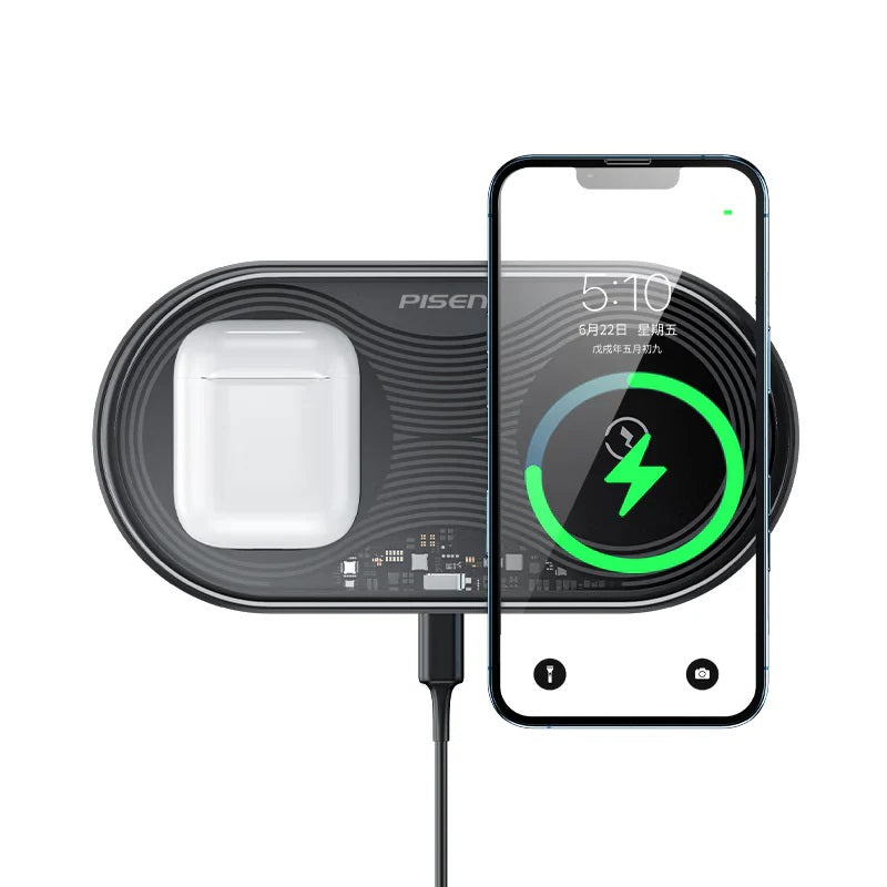 Pisen 2-in-1 Wireless Charging Station- XY-C18/Black,Supports Qi-2 Outputs (15W) ,Supports Universal Type-C,Multi-Protection System, 2 Years Warranty - Image 2