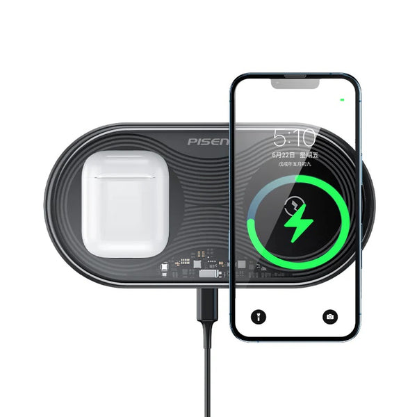 Pisen 2-in-1 Wireless Charging Station- XY-C18/Black,Supports Qi-2 Outputs (15W) ,Supports Universal Type-C,Multi-Protection System, 2 Years Warranty