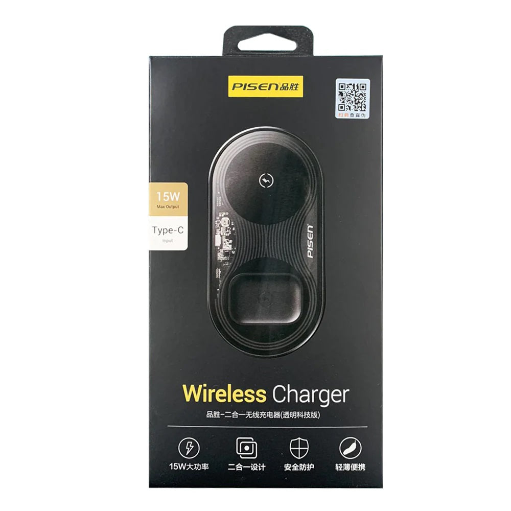 Pisen 2-in-1 Wireless Charging Station- XY-C18/Black,Supports Qi-2 Outputs (15W) ,Supports Universal Type-C,Multi-Protection System, 2 Years Warranty - Image 3