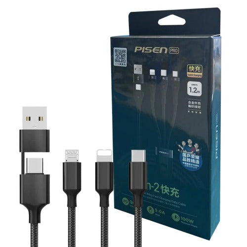 Pisen Pro 3-in-2 Multi Charging Cable (100W) (1.2M) - Black, USB-C x1(100W), Lightning x1(20W),Micro USB x1(18W), 480Mbps Data Sync,2 Years Warranty - Image 1