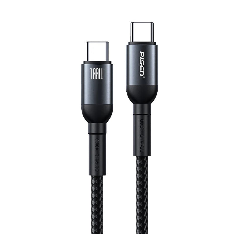 Pisen Braided USB-C to USB-C 100W PD Fast Charge Cable (1M) Black - Bend-Resistant, Samsung Galaxy,Apple iPhone,iPad,MacBook,Google,OPPO,Nokia,Laptop - Image 1