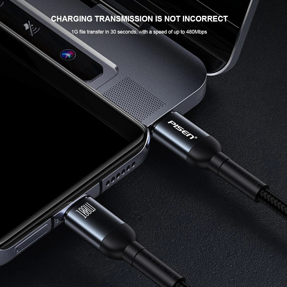 Pisen Braided USB-C to USB-C 100W PD Fast Charge Cable (1M) Black - Bend-Resistant, Samsung Galaxy,Apple iPhone,iPad,MacBook,Google,OPPO,Nokia,Laptop - Image 4
