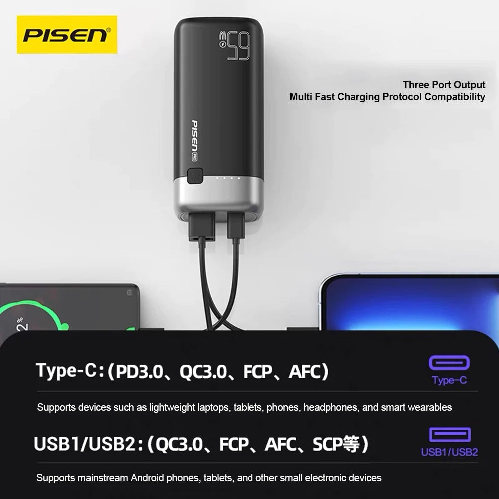 Pisen Pro 65W 20K (20000mAh) Laptop Power Bank (3 Port) + USB-C to USB-C Cable (50cm) - Black, 1x USB-C, 2x USB-A, Digital Display, 2 Years Warranty - Image 4