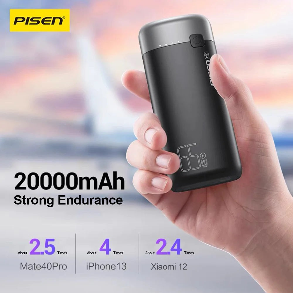 Pisen Pro 65W 20K (20000mAh) Laptop Power Bank (3 Port) + USB-C to USB-C Cable (50cm) - Black, 1x USB-C, 2x USB-A, Digital Display, 2 Years Warranty - Image 5