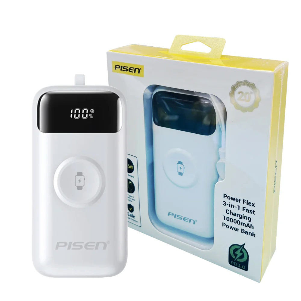 Pisen Flex 22.5W CCC-Certified 10K (10000mAh) Power Bank + Integrated Cable (Lightning + USB-C) + Watch Wireles Charging - White, 2 Years Warranty - Image 5