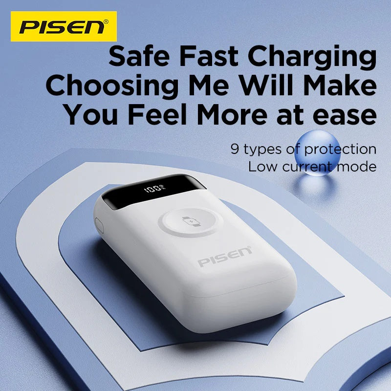 Pisen Flex 22.5W CCC-Certified 10K (10000mAh) Power Bank + Integrated Cable (Lightning + USB-C) + Watch Wireles Charging - White, 2 Years Warranty - Image 3