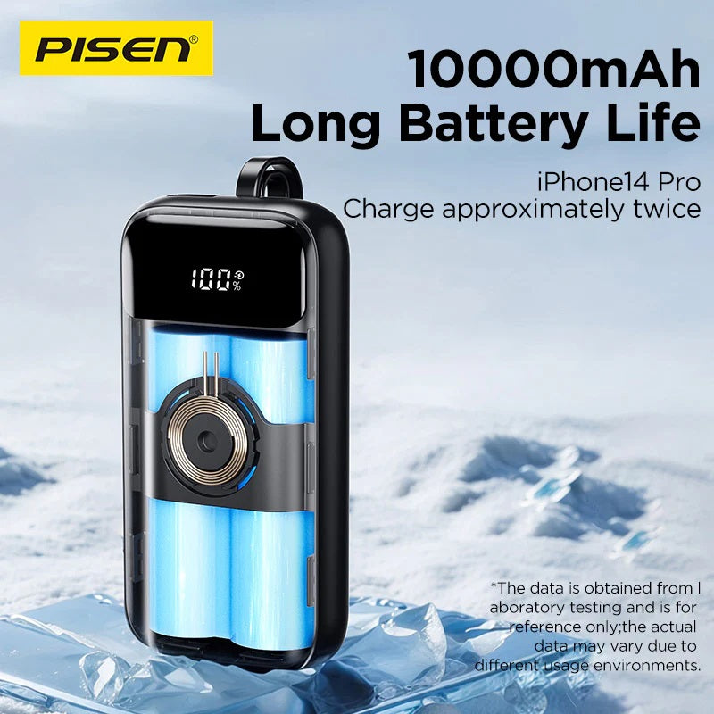 Pisen Flex 22.5W CCC-Certified 10K (10000mAh) Power Bank + Integrated Cable (Lightning + USB-C) + Watch Wireles Charging - White, 2 Years Warranty - Image 4