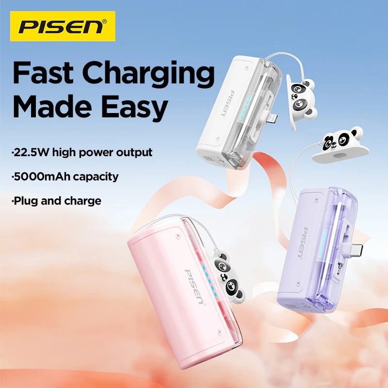 Pisen 2-in-1 Wall Charger & Tiny 5K (5000mAh) Portable Power Bank - White, Supports 22.5W PD, CCC Certified, 1xUSB-A, 1xUSB-C, 2 Years Warranty - Image 2