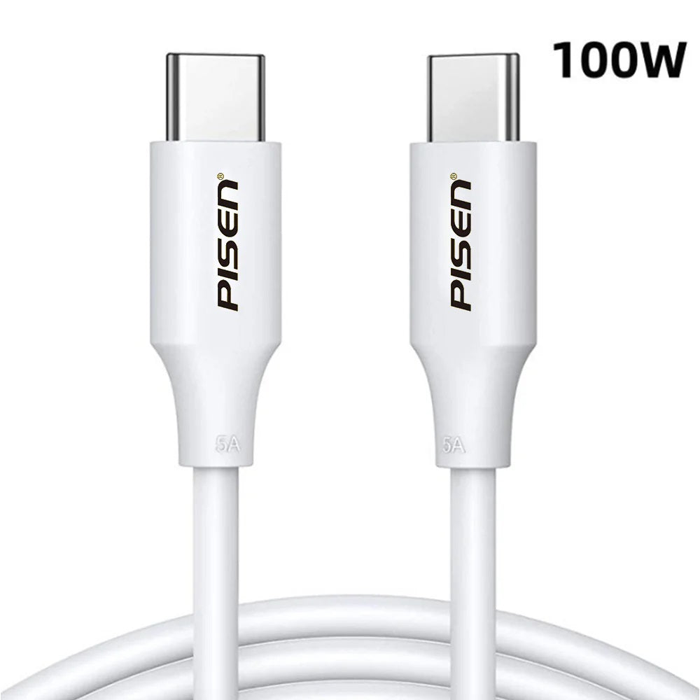Pisen USB-C to USB-C 100W PD Cable (1M) White - Premium Quality, Fast Charge, 480Mbps, Durable,Samsung Galaxy,Apple iPhone,iPad,MacBook,Google,OPPO - Image 1