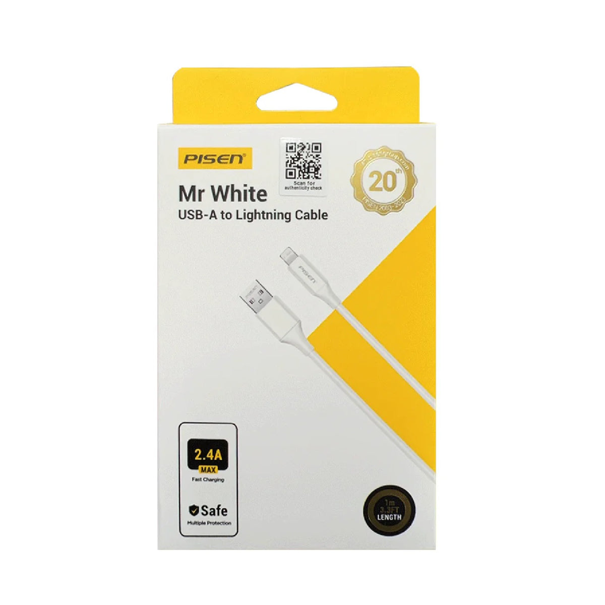 Pisen Mr White Lightning to USB-A Cable (1M) White - Fast Charge 2.4A, Stretch-Resistant, Reinforced, Strong & Durable, Apple iPhone/iPad/MacBook - Image 2