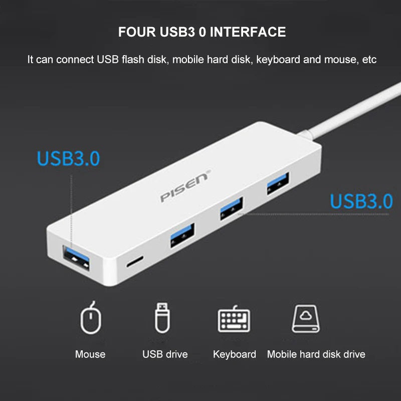 Pisen USB-C to 4xUSB-A 3.0 Charging HUB - TPE Flexible Wire, Light Indicator, Resistant to Pulling and Bending, More Durable, 2 Years Warranty - Image 4
