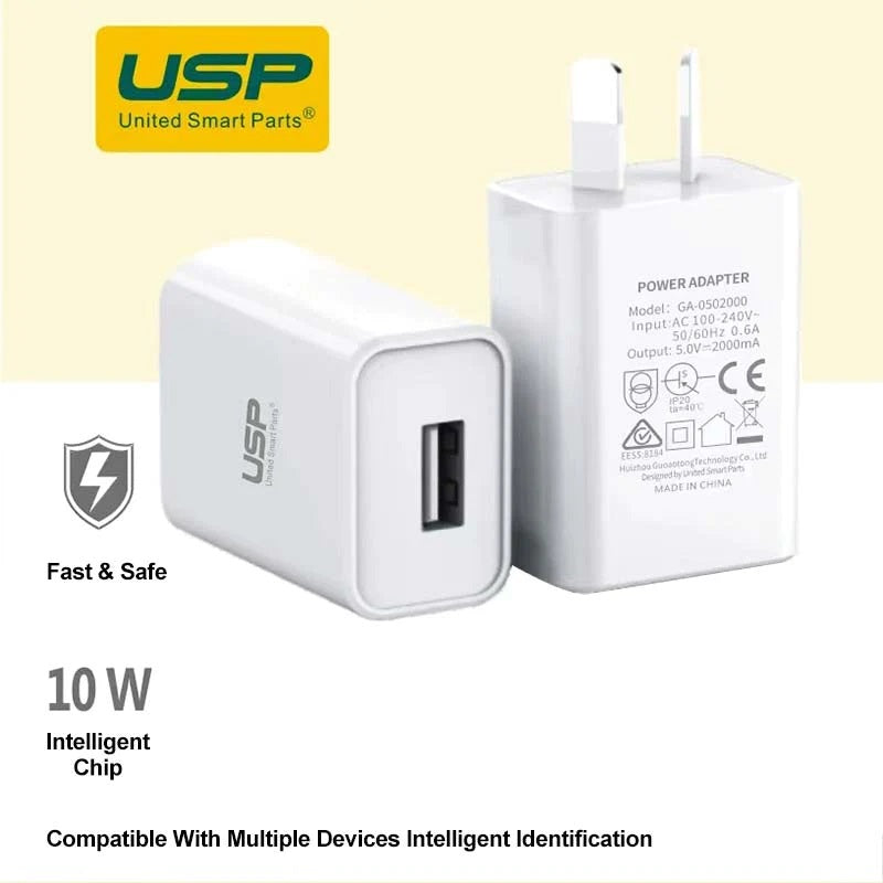 USP 10W USB-A Fast Wall Charger - White, Intelligent Chip, Smart Charging, Output Voltage DC5V/3A, Output Current 2A max, 5 Years Warranty - Image 1