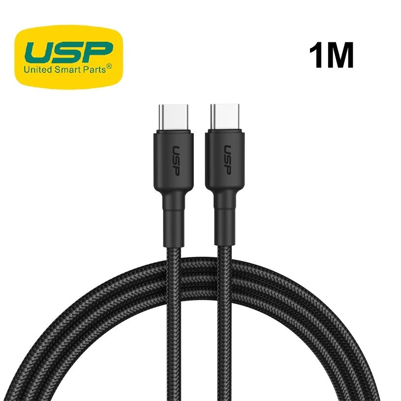 USP BoostUp Braided USB-C to USB-C Cable (1M) Black -3A Fast & Safe Charge,Samsung Galaxy,Apple iPhone,iPad,MacBook,Google,OPPO,Nokia,5 Years Warranty - Image 1