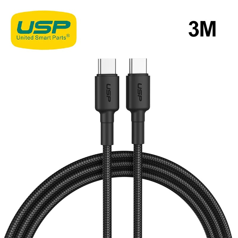 USP BoostUp Cafule Braided USB-C to USB-C Cable (3M) Black - 3A, Strong & Durable, Bend-resistant, Nylon Braid, USB-C Compatibility, 5 Years Warranty - Image 1