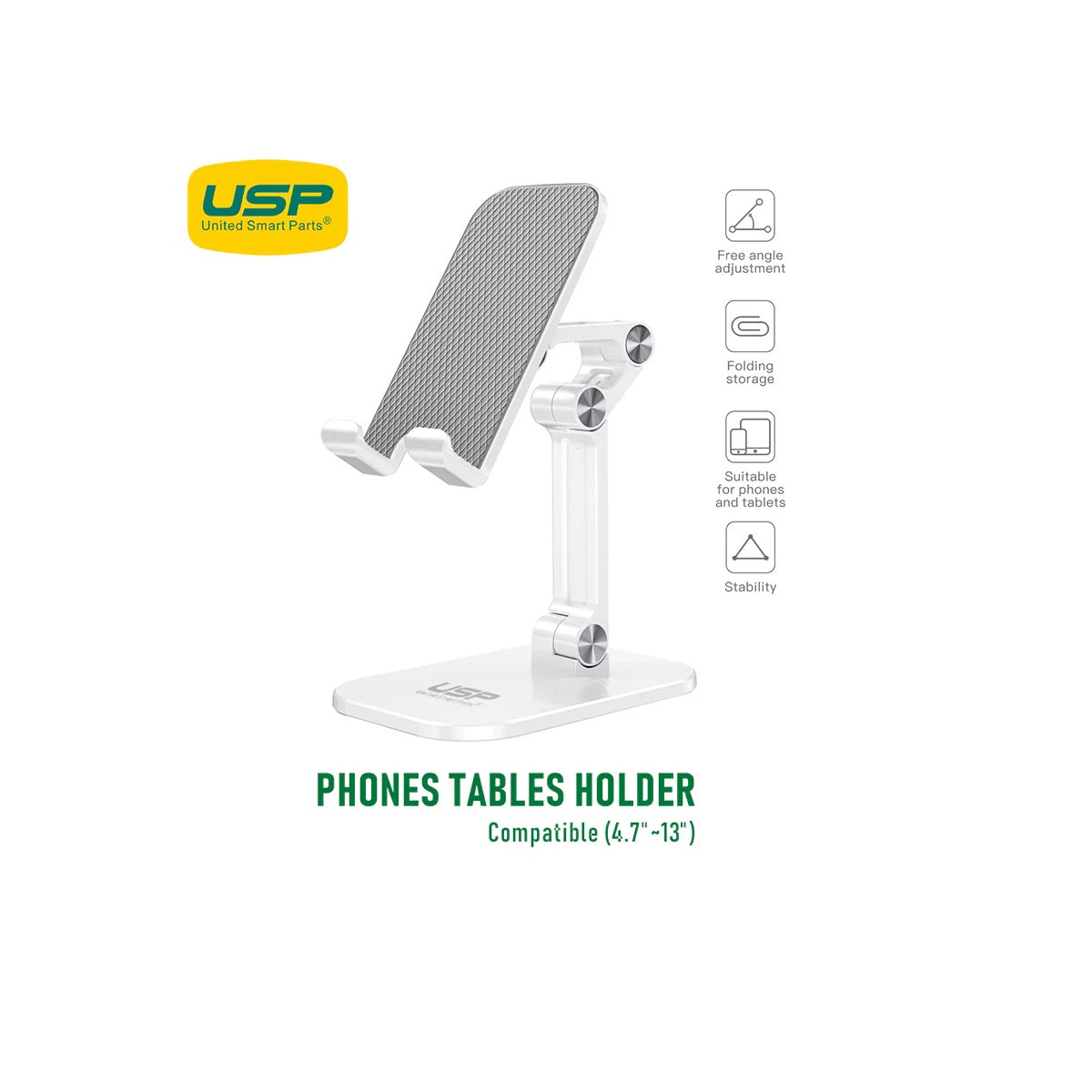 USP Phone/Desktop Stand/Holder for iPhone/iPad White - Foldable Phone Stand, Foldable Tablet Stand, 5 Years Warranty - Image 1