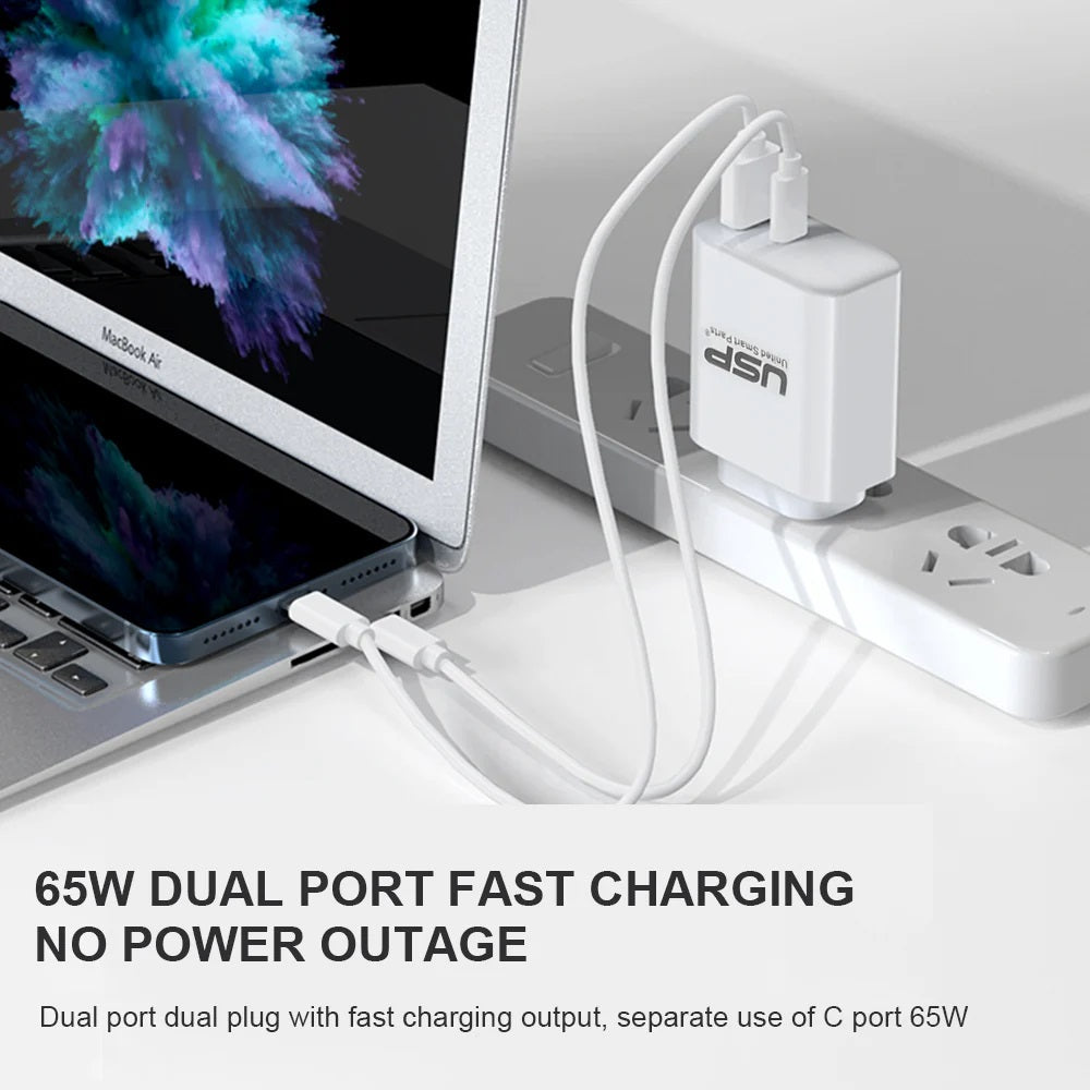 USP 65W Dual Port GaN Fast Wall Charger - White, 1xUSB-C(45W PD), 1xUSB-A(18W QC 3.0), Intelligent PPS Technology, 5 Years Warranty - Image 2