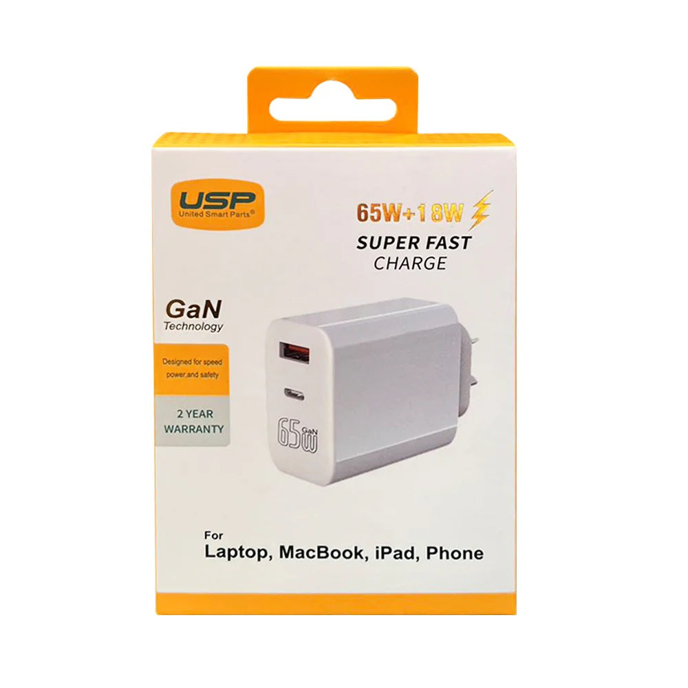 USP 65W Dual Port GaN Fast Wall Charger - White, 1xUSB-C(45W PD), 1xUSB-A(18W QC 3.0), Intelligent PPS Technology, 5 Years Warranty - Image 3