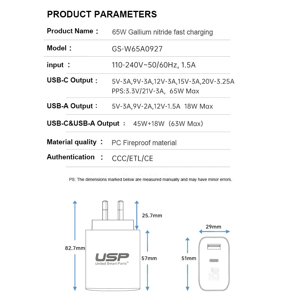 USP 65W Dual Port GaN Fast Wall Charger - White, 1xUSB-C(45W PD), 1xUSB-A(18W QC 3.0), Intelligent PPS Technology, 5 Years Warranty - Image 4