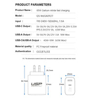 USP 65W Dual Port GaN Fast Wall Charger - White, 1xUSB-C(45W PD), 1xUSB-A(18W QC 3.0), Intelligent PPS Technology, 5 Years Warranty - Image 4