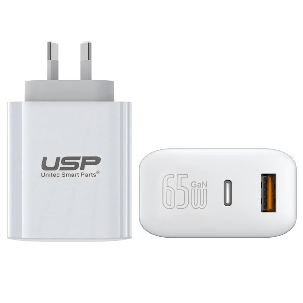 USP 65W Dual Port GaN Fast Wall Charger - White, 1xUSB-C(65W PD), 1xUSB-A(18W QC 3.0), Intelligent PPS Technology, 5 Years Warranty - Image 5